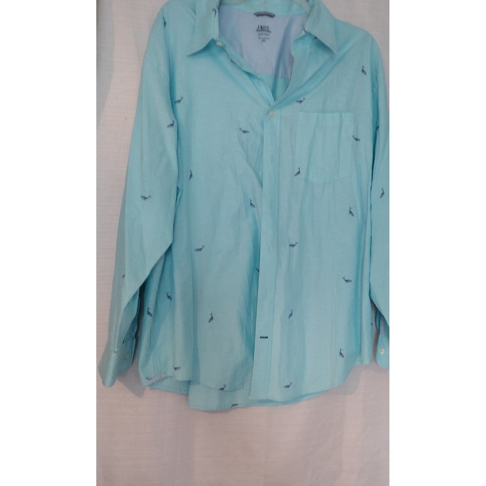 IZOD Saltwater Men's 2XL Teal-Blue Whale Print Relaxed Fit Button Down Shirt